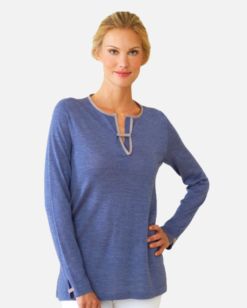 SPLIT NECK SUPERFINE CASHMERE: DENIM JEAN