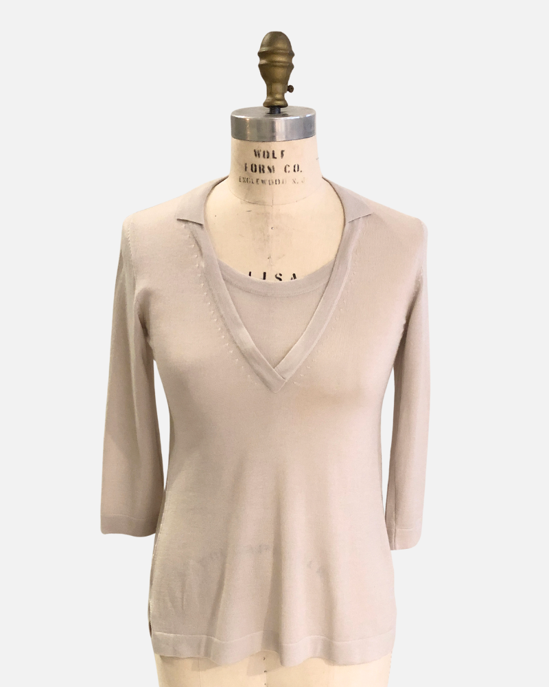 POLO WITH INSET:NEUTRAL:  MEDIUM SUPERFINE CASHMERE