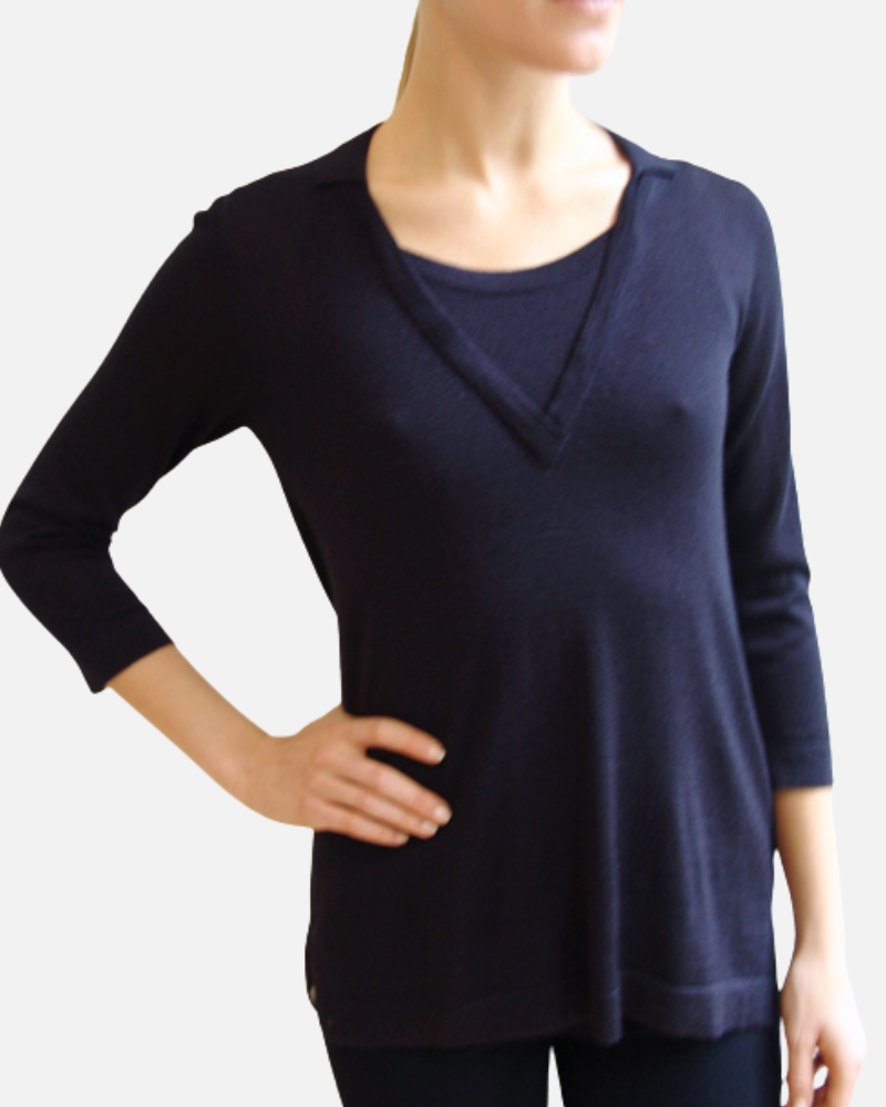 POLO WITH INSET:NAVY:  MEDIUM SUPERFINE CASHMERE