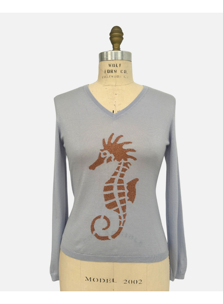 V NECK WITH LUREX: SEA HORSE: LIGHT BLUE