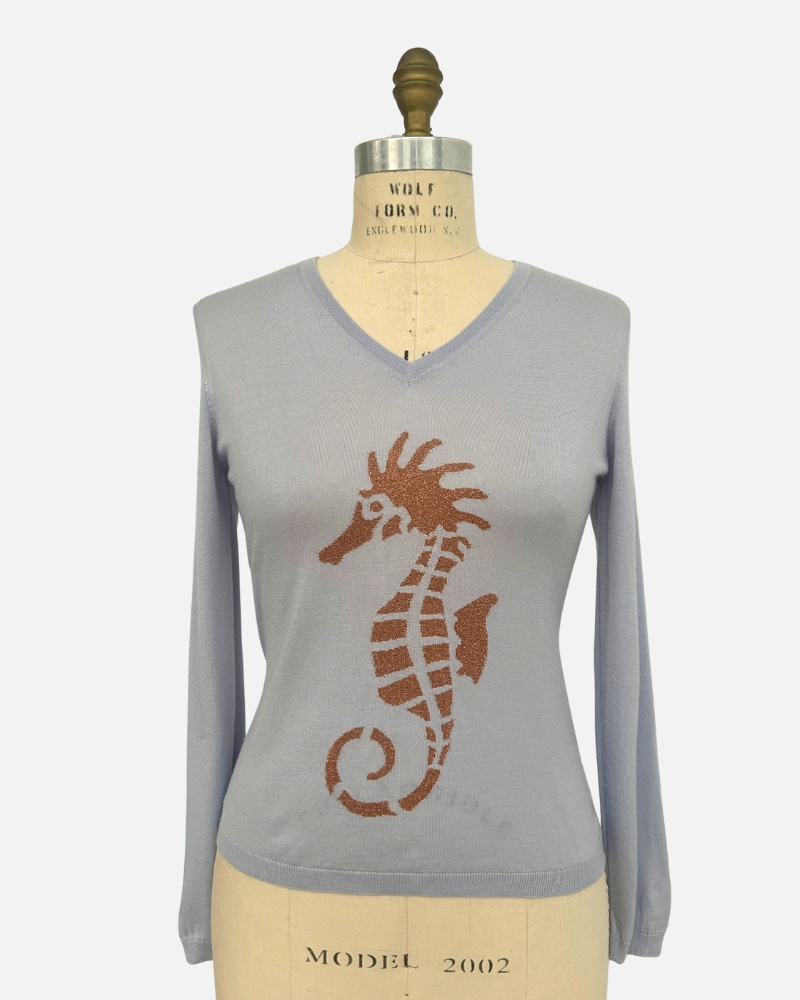 V NECK WITH LUREX: SEA HORSE: LIGHT BLUE