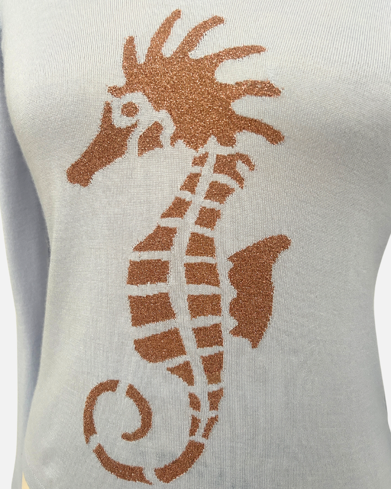 V NECK WITH LUREX: SEA HORSE: LIGHT BLUE