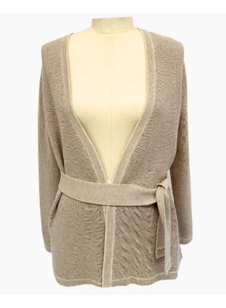 COTTON-LUREX V-NECK OPEN CARDIGAN W/ BELT  TABACCO