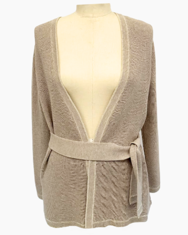 COTTON-LUREX V-NECK OPEN CARDIGAN W/ BELT  TABACCO