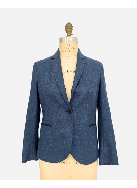 CASHMERE-SILK WITH LEATHER DETAILS 1 BUTTON BLAZER: NAVY