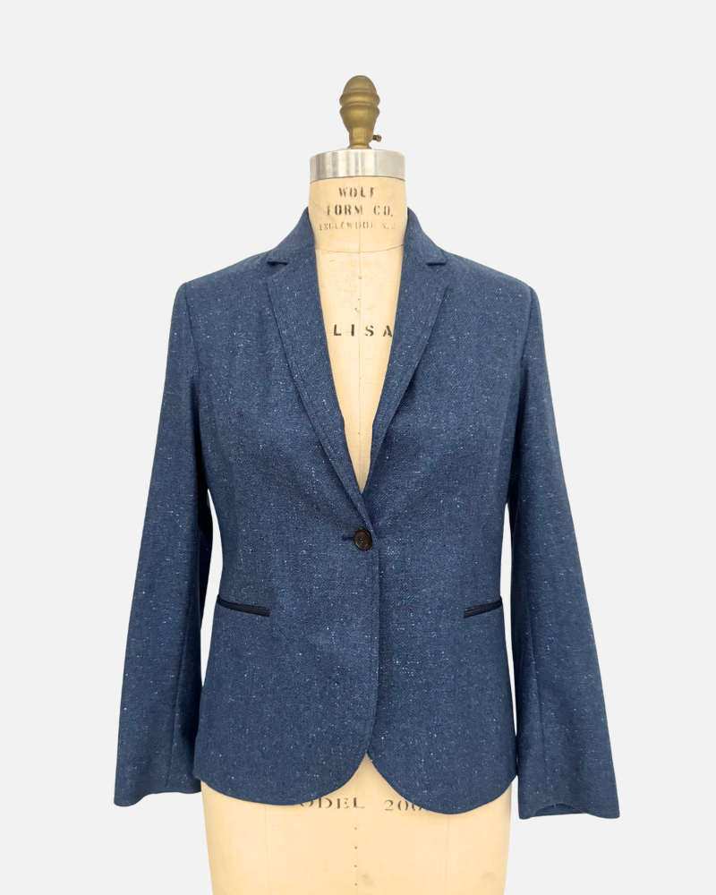 CASHMERE-SILK WITH LEATHER DETAILS 1 BUTTON BLAZER: NAVY
