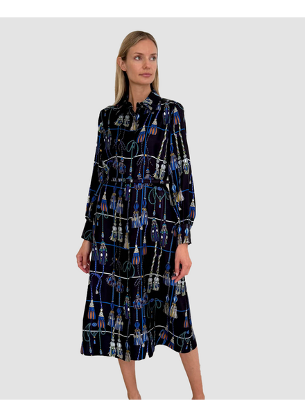 COTTON SHIRT DRESS WITH BELT PRINT: REMINI: NAVY