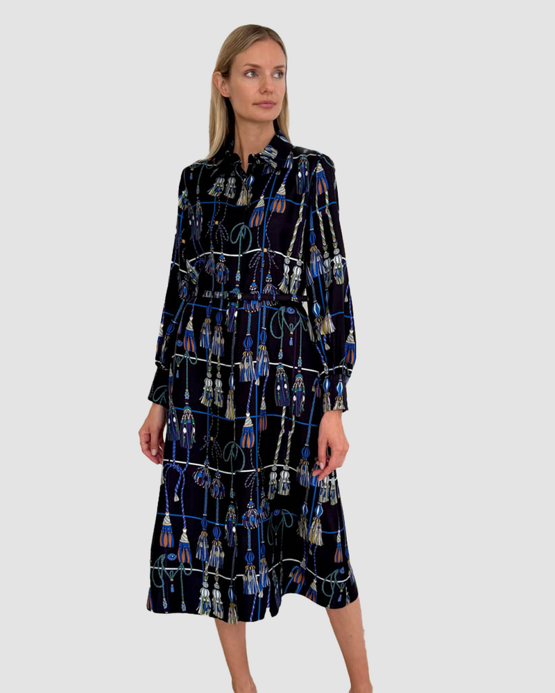 COTTON SHIRT DRESS WITH BELT PRINT: REMINI: NAVY