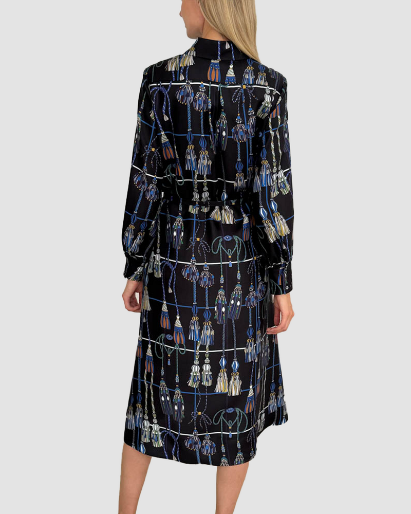 COTTON SHIRT DRESS WITH BELT PRINT: REMINI: NAVY