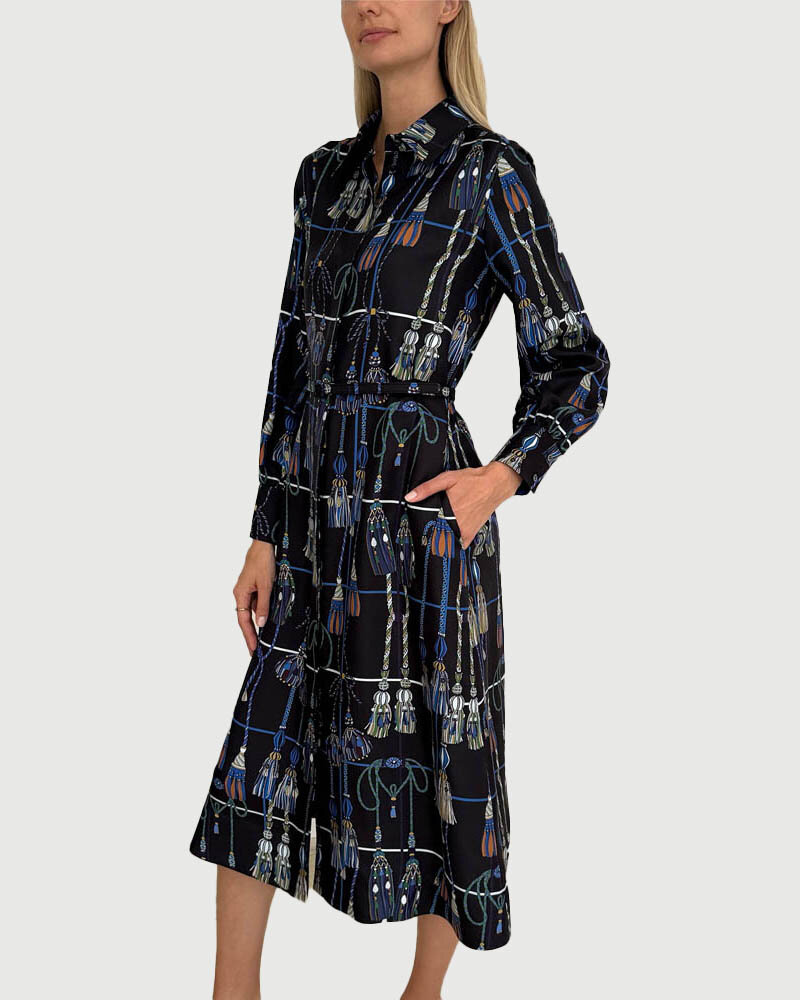 COTTON SHIRT DRESS WITH BELT PRINT: REMINI: NAVY