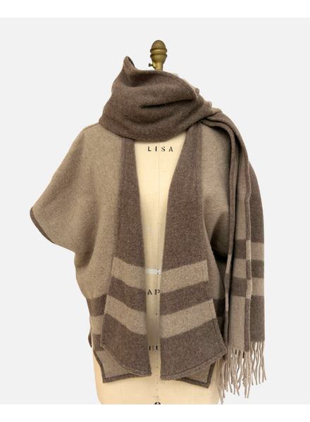 CASHMERE DOUBLE FACE  FRINGE REVERSIBLE SHAWL CAPE: CHOCOLATE: BEIGE