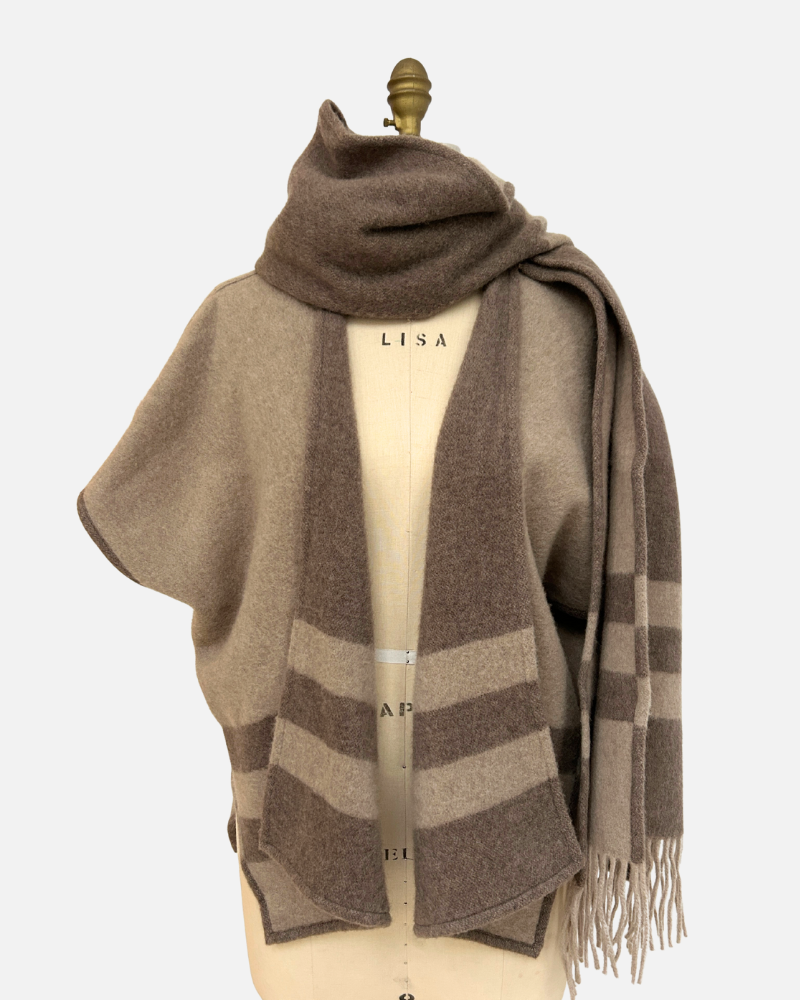 CASHMERE DOUBLE FACE  FRINGE REVERSIBLE SHAWL CAPE: CHOCOLATE: BEIGE
