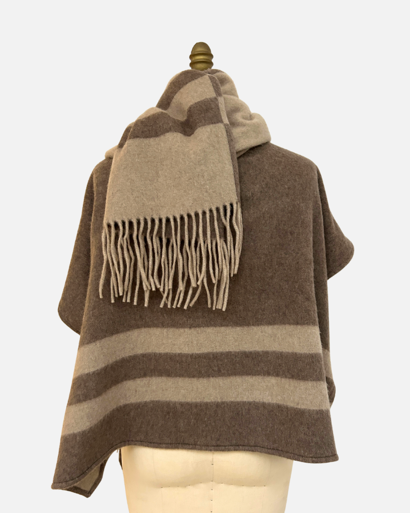 CASHMERE DOUBLE FACE  FRINGE REVERSIBLE SHAWL CAPE: CHOCOLATE: BEIGE