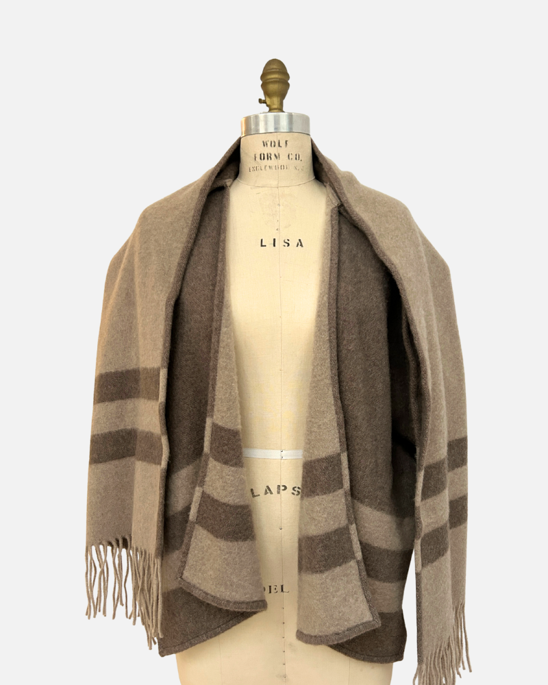 CASHMERE DOUBLE FACE  FRINGE REVERSIBLE SHAWL CAPE: CHOCOLATE: BEIGE