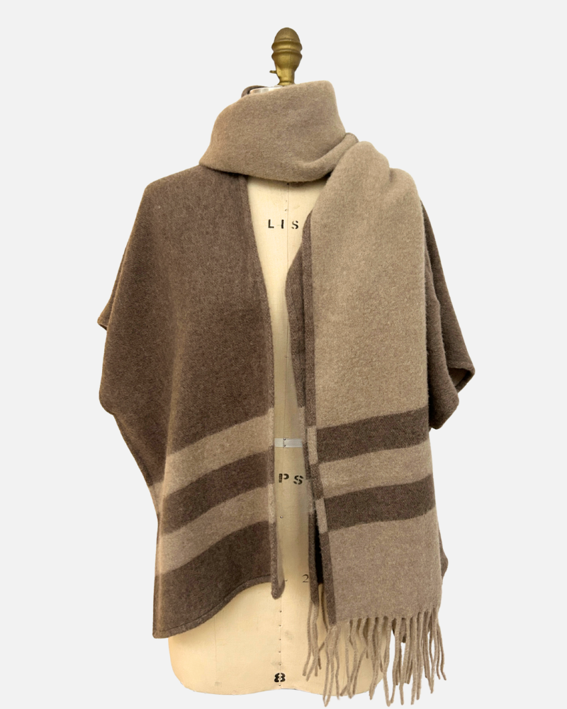 CASHMERE DOUBLE FACE  FRINGE REVERSIBLE SHAWL CAPE: CHOCOLATE: BEIGE