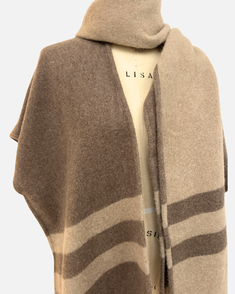 CASHMERE DOUBLE FACE  FRINGE REVERSIBLE SHAWL CAPE: CHOCOLATE: BEIGE