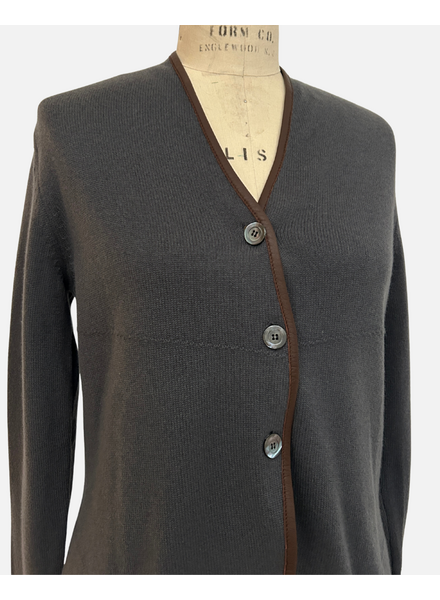 KNITTED SWEATER JACKET WITH LEATHER PIPING, ZINC GRAY