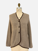 KNITTED SWEATER JACKET WITH BROWN LEATHER PIPING, TAUPE