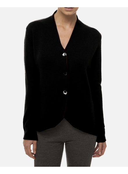 KNITTED SWEATER JACKET WITH DARK BROWN LEATHER: BLACK