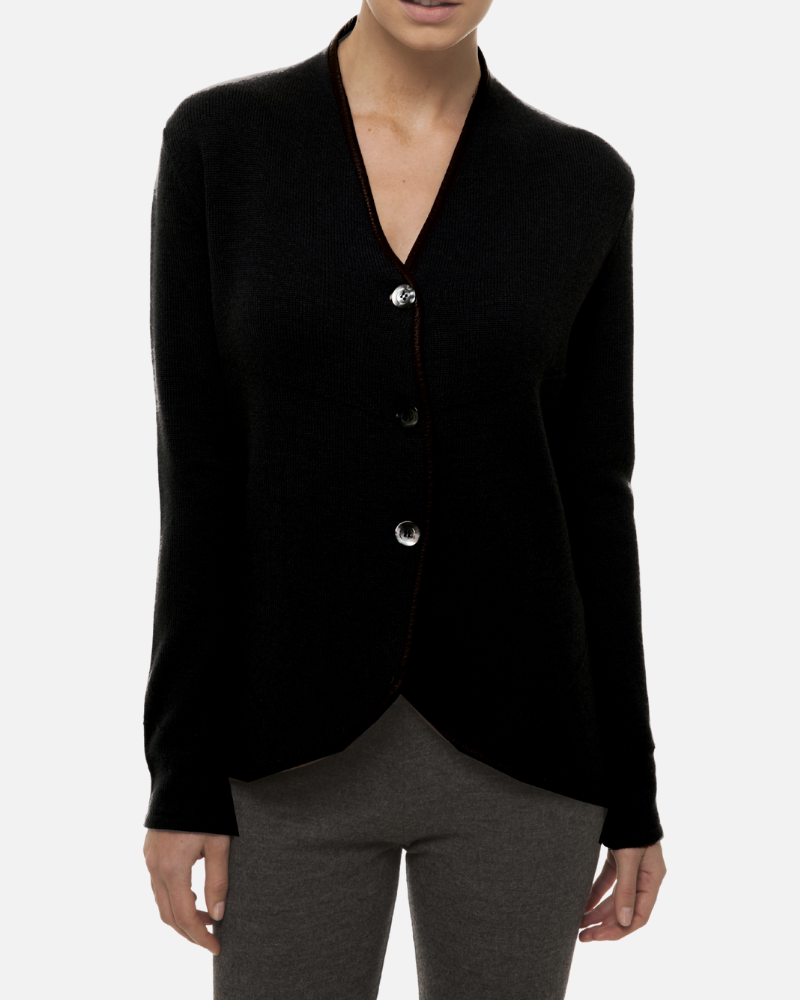 KNITTED SWEATER JACKET WITH DARK BROWN LEATHER: BLACK