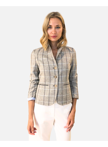 WOOL/SILK/LINEN 3 BUTTON BLAZER W/ STRIPE FABRIC DETAIL: TAUPE
