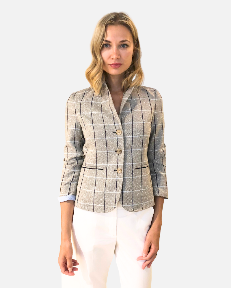 WOOL/SILK/LINEN 3 BUTTON BLAZER W/ STRIPE FABRIC DETAIL: TAUPE