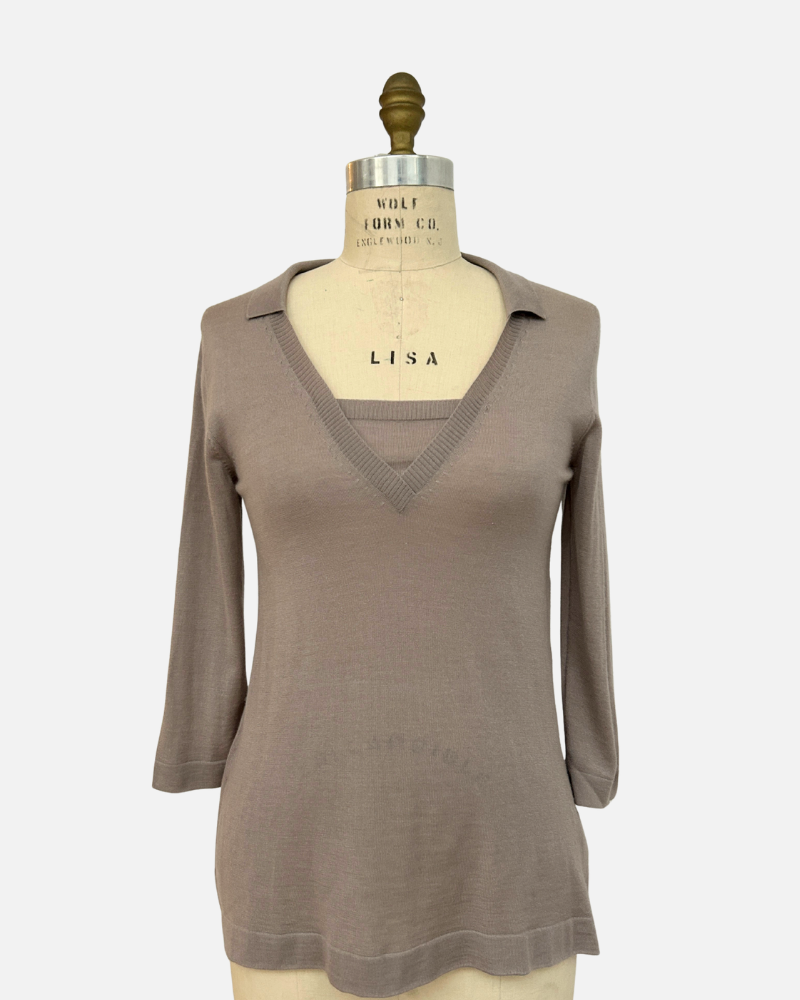 POLO WITH INSET:BEIGE:  MEDIUM SUPERFINE CASHMERE