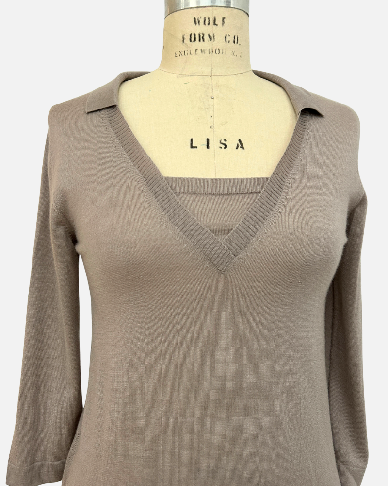 POLO WITH INSET:BEIGE:  MEDIUM SUPERFINE CASHMERE