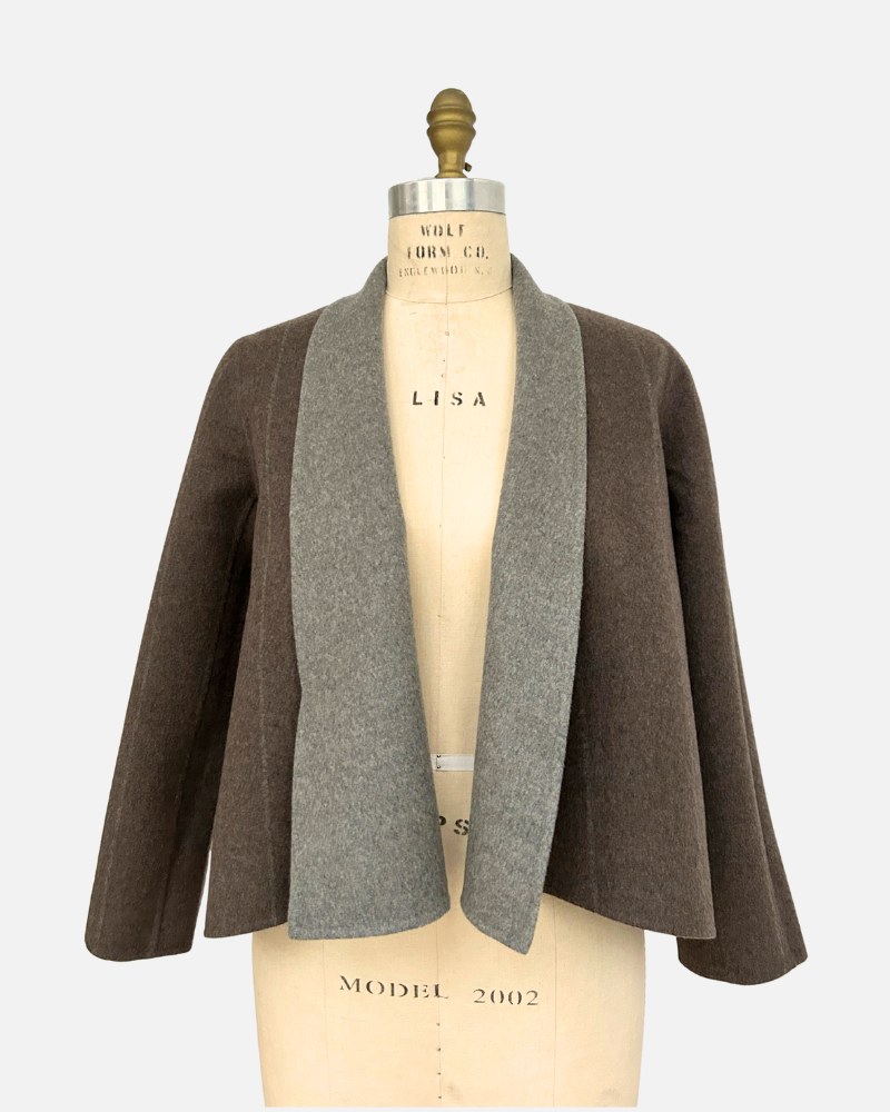 DF CASHMERE SHAWL COLLAR JKT: WINDOWPANE BROWN-GRAY