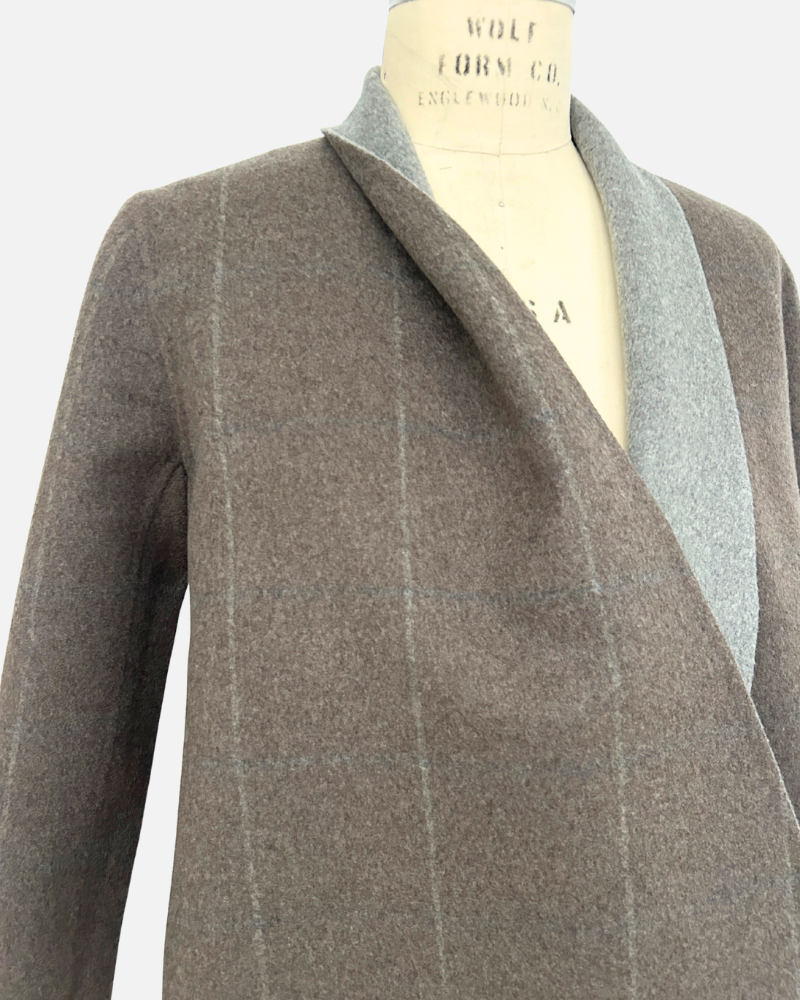 DF CASHMERE SHAWL COLLAR JKT: WINDOWPANE BROWN-GRAY