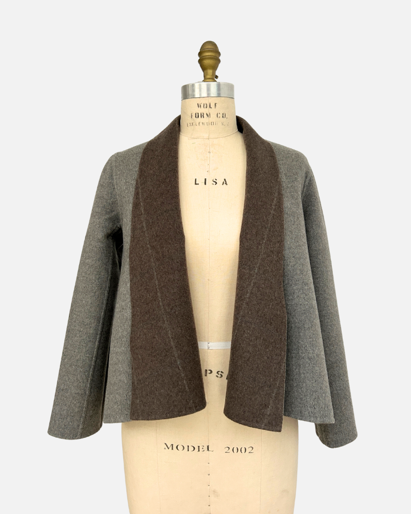 DF CASHMERE SHAWL COLLAR JKT: WINDOWPANE BROWN-GRAY