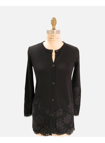 LONG SILK KNIT CARDIGAN W/ BEADED TRIM : BLACK
