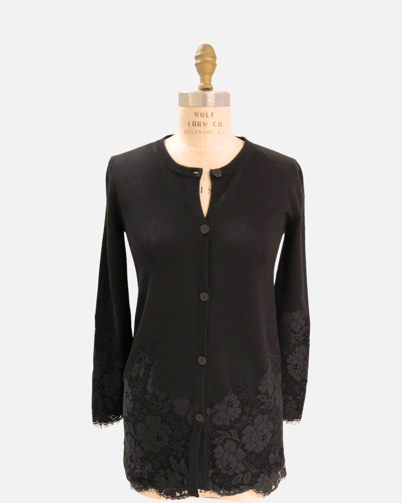 LONG SILK KNIT CARDIGAN W/ BEADED TRIM : BLACK - Copy