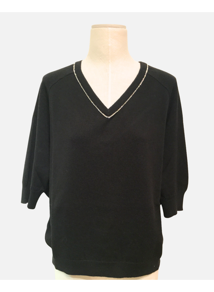 2 TONE DOLLMAN V NECK W/ CHAIN DETAIL: BLACK