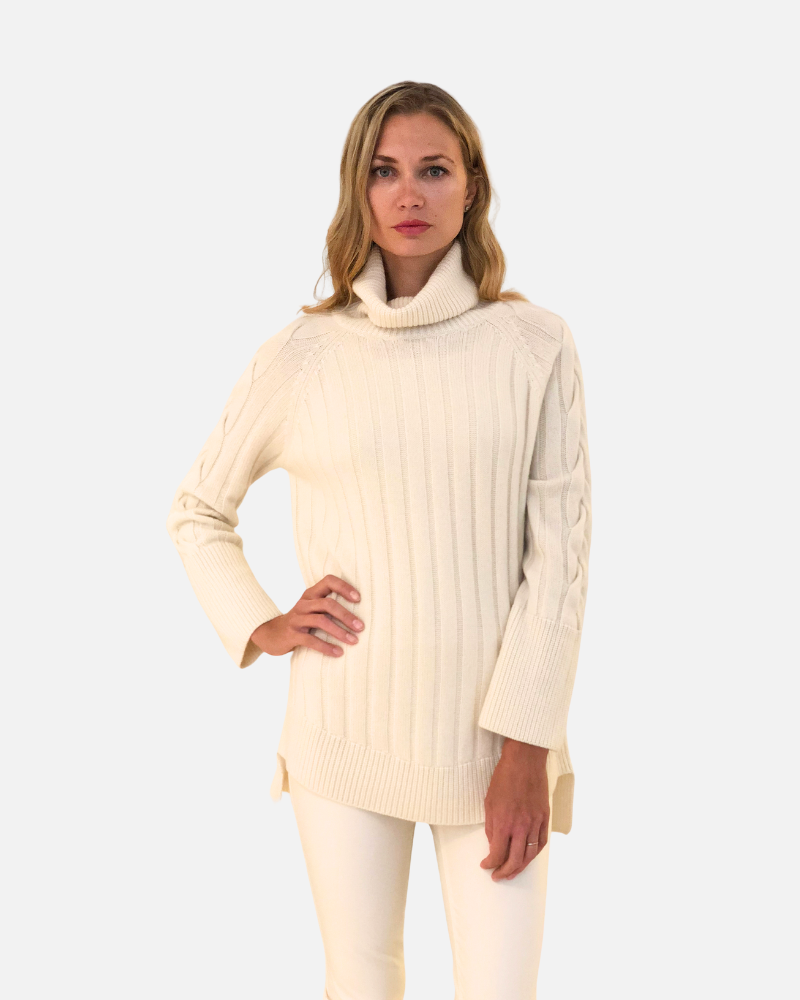 ROLL NECK SWEATER WITH CABLES, IVORY