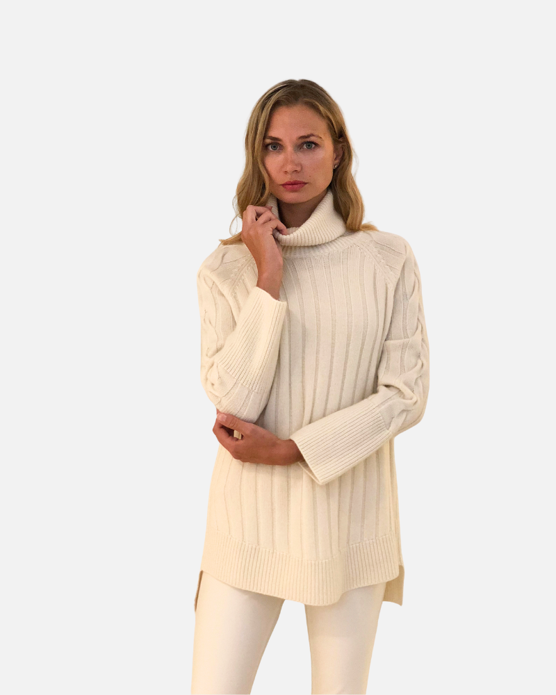 ROLL NECK SWEATER WITH CABLES, IVORY