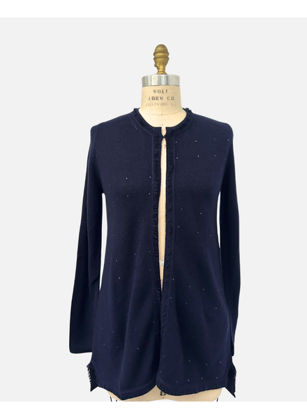 LONG CARDIGAN WITH FRINGES AND CRYSTALS: NAVY
