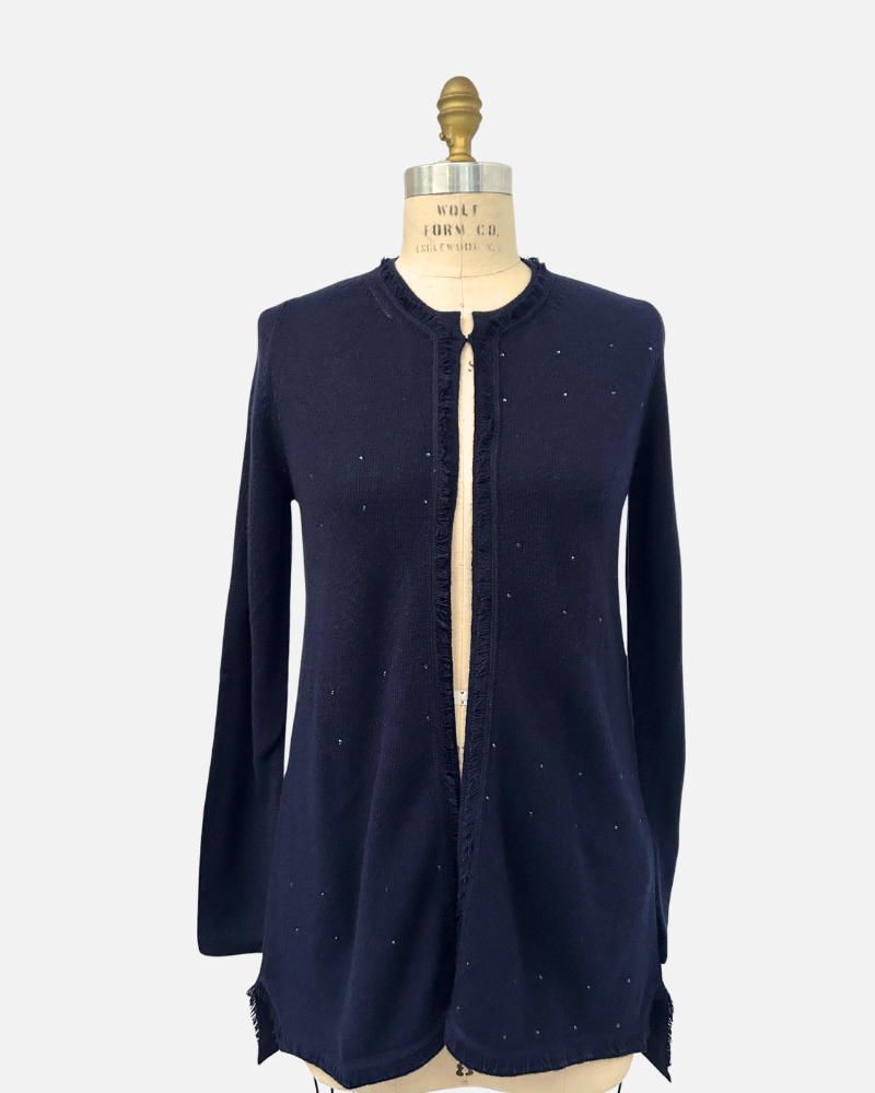LONG CARDIGAN WITH FRINGES AND CRYSTALS: NAVY