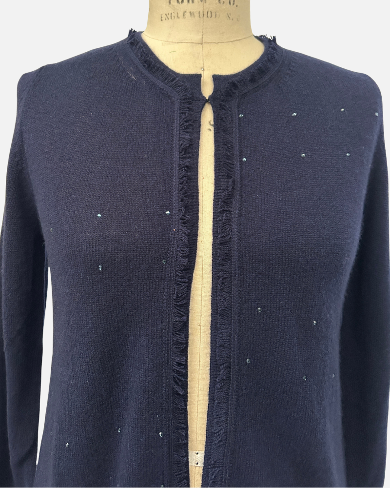 LONG CARDIGAN WITH FRINGES AND CRYSTALS: NAVY
