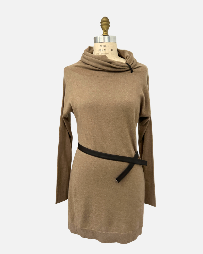 COWLNECK TUNIC  W/ BELT, TOBACCO