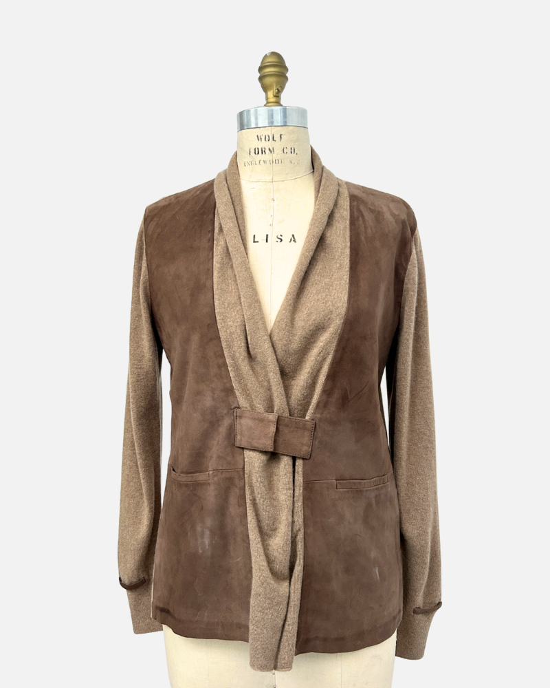 SUEDE AND KNIT CARDIGAN W/BUCKLE : TOBACCO