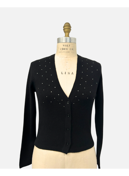 CASHMERE SHORT V-CARDIGAN WITH CRYSTALS: BLACK