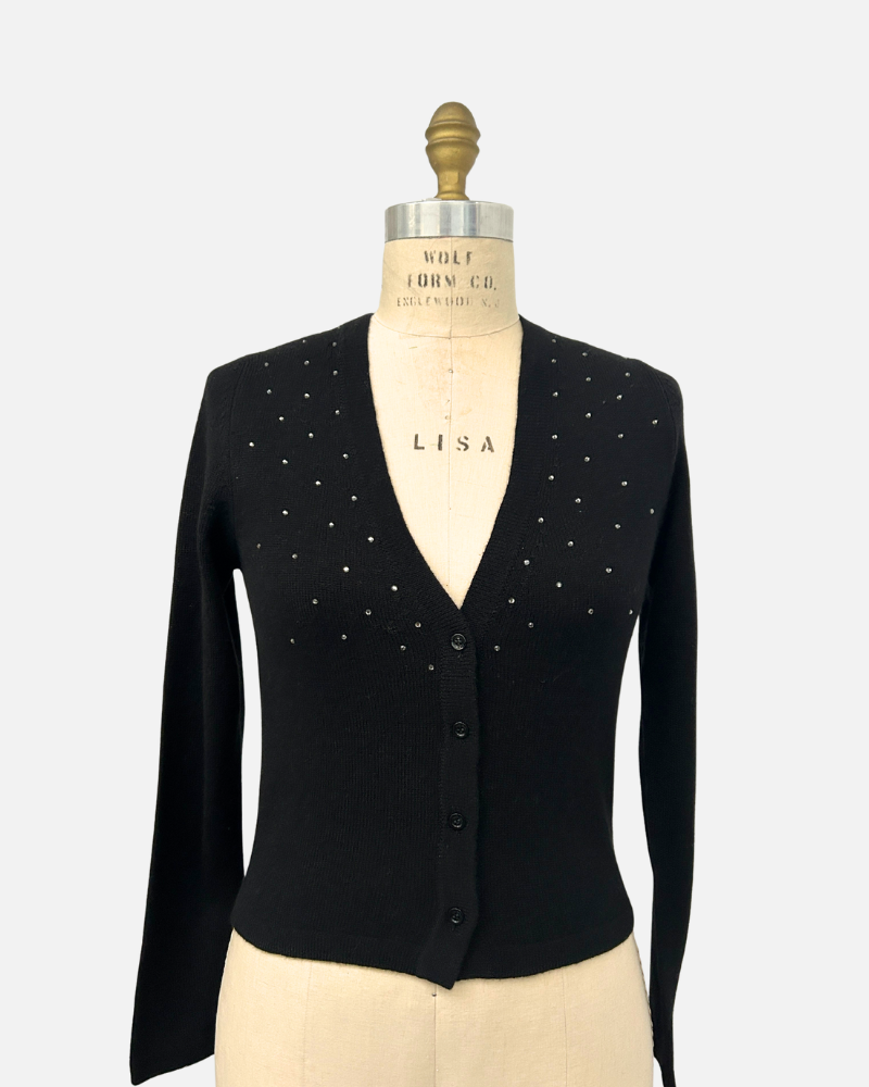 CASHMERE SHORT V-CARDIGAN WITH CRYSTALS: BLACK