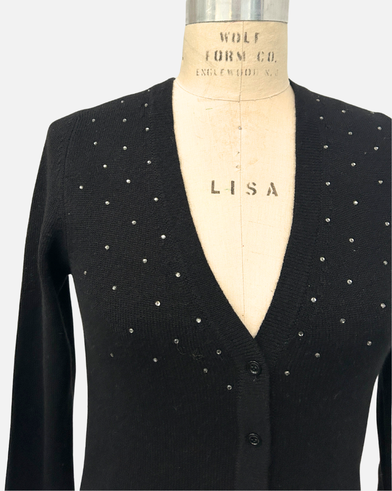 CASHMERE SHORT V-CARDIGAN WITH CRYSTALS: BLACK