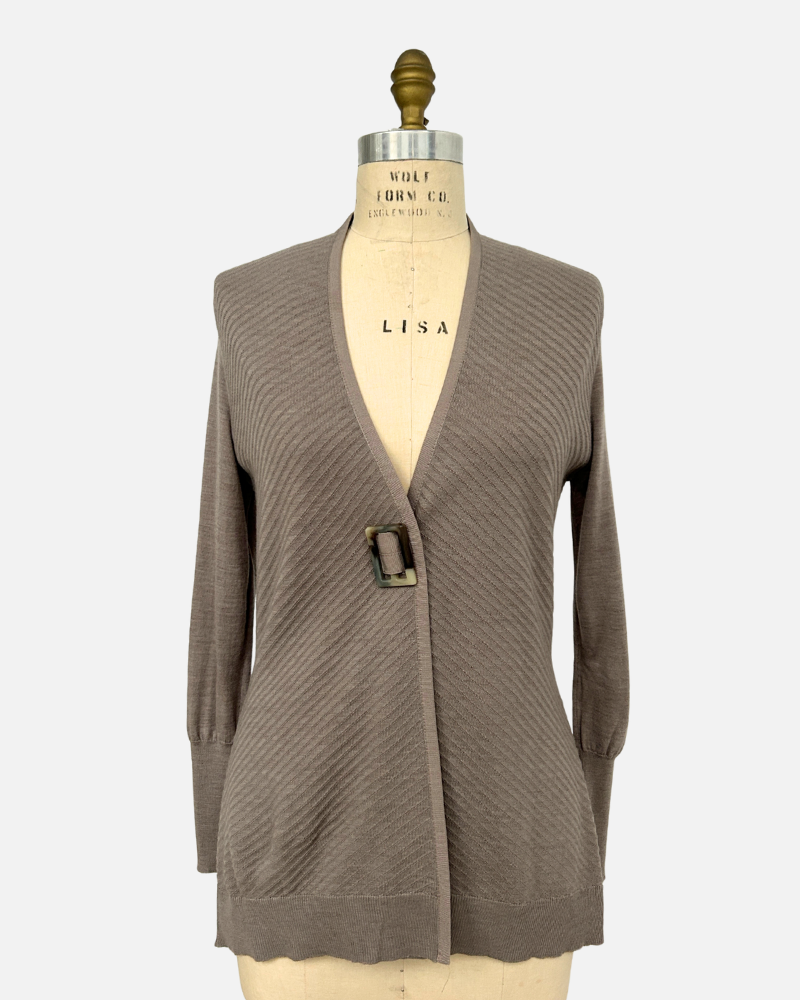 KNIT CARDIGAN WITH GROSGRAIN: TAUPE
