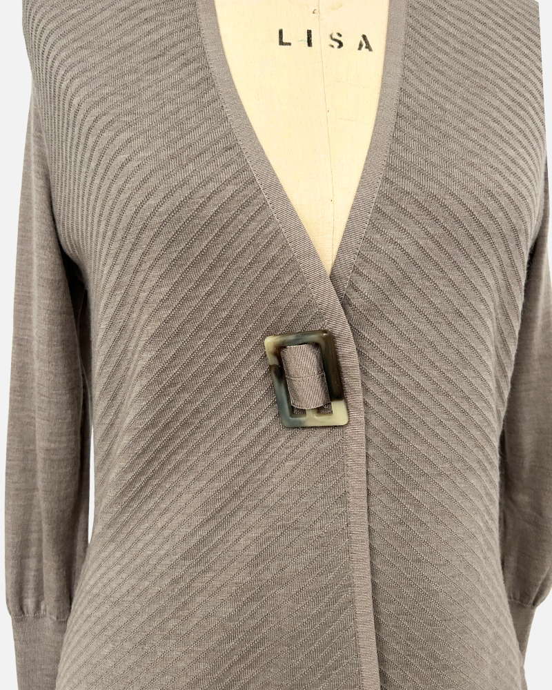 KNIT CARDIGAN WITH GROSGRAIN: TAUPE