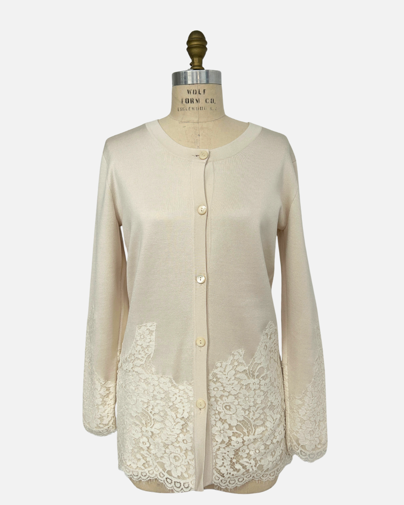 SILK LONG CARDIGAN W/LACE, IVORY