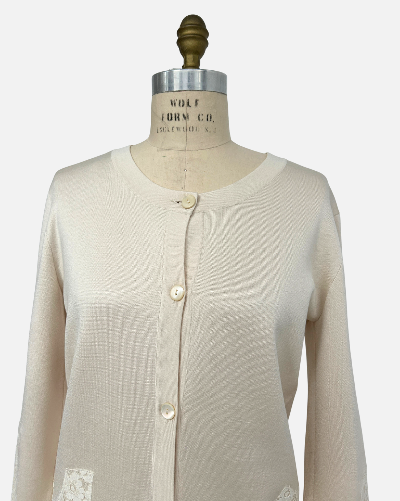 SILK LONG CARDIGAN W/LACE, IVORY