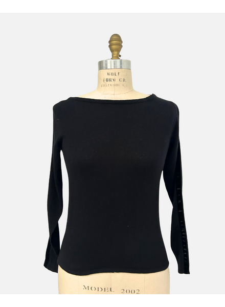 CASHMERE CREWNECK W/ VELVET DETAIL: BLACK