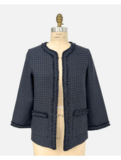 OPEN JACKET WITH POCKETS AND FRINGES EDGES: NAVY PLAID